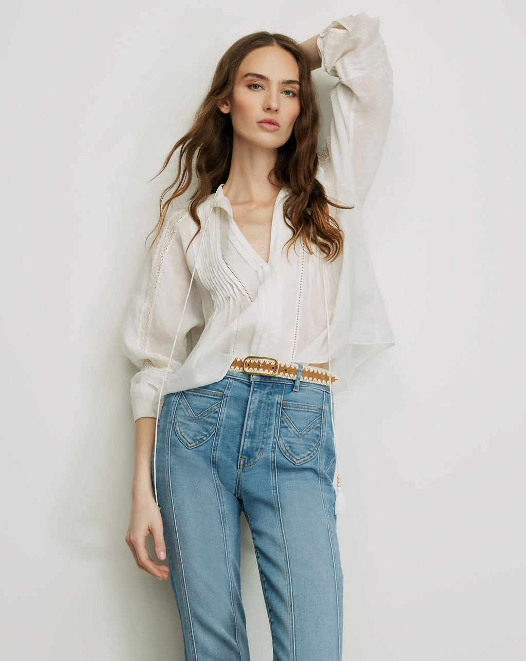 Veronica Beard White linen peasant top with pintucks and lace trim.