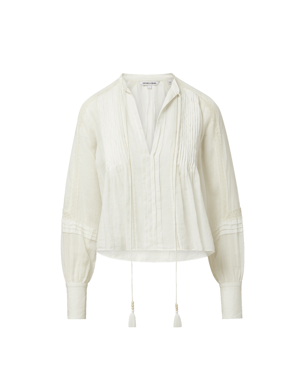 Veronica Beard White linen peasant top with pintucks and tassels.
