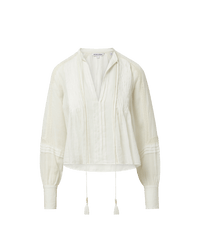 Veronica Beard White linen peasant top with pintucks and tassels.