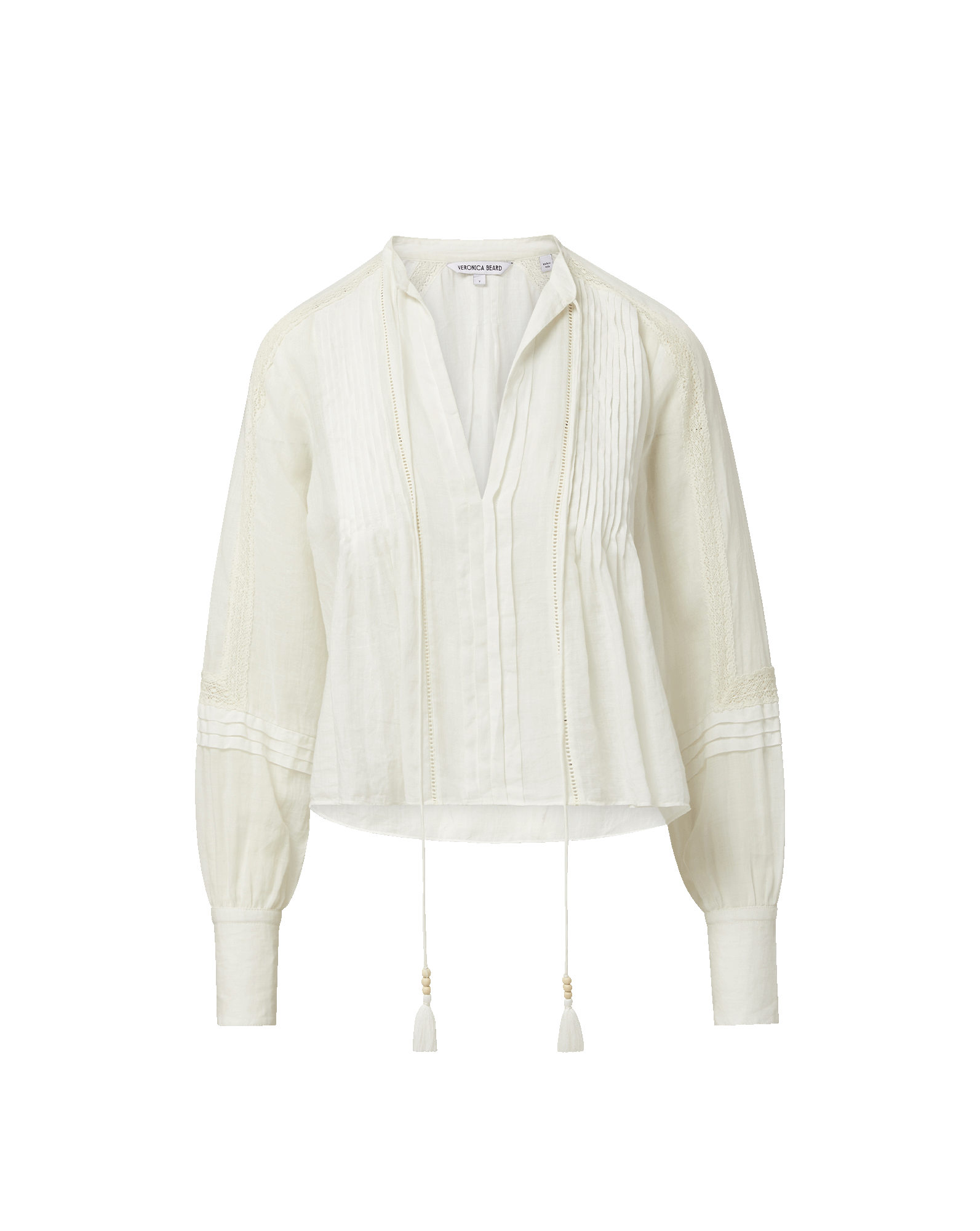 Veronica Beard White linen peasant top with pintucks and tassels.