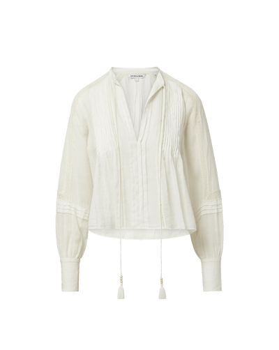 Veronica Beard White linen peasant top with pintucks and tassels.