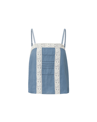 Veronica Beard Blue linen camisole with white lace trim