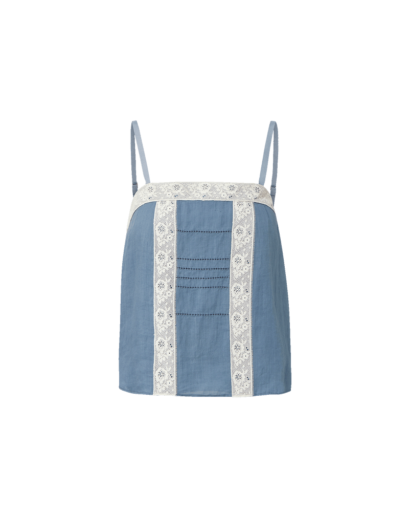 Veronica Beard Blue linen camisole with white lace trim
