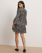 Veronica Beard Navy paisley print mini dress with bell sleeves.
