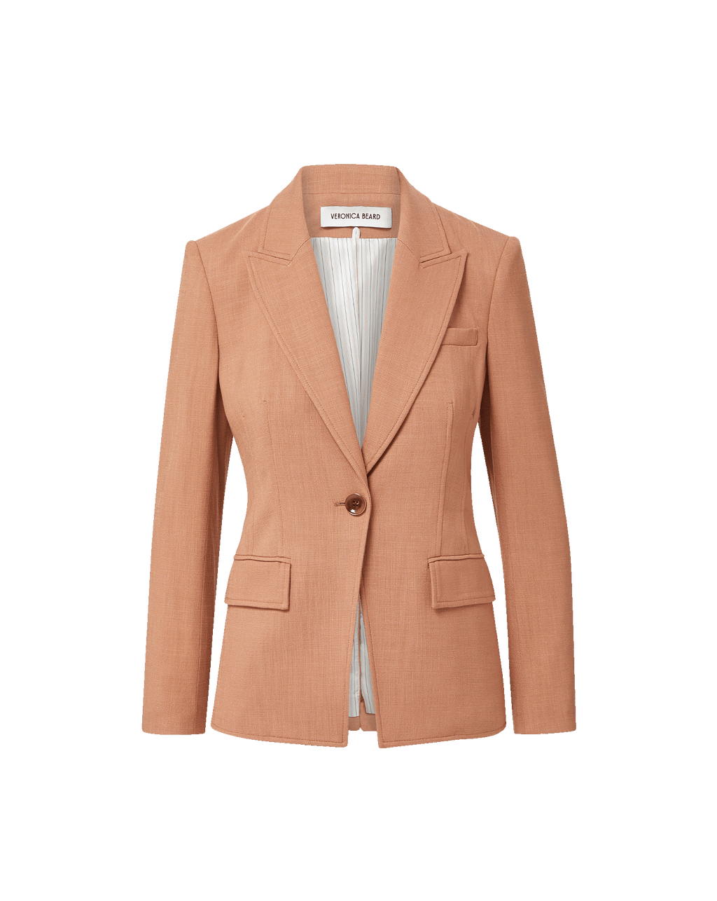 Veronica Beard Tan single-breasted blazer with notched lapels and flap pockets.