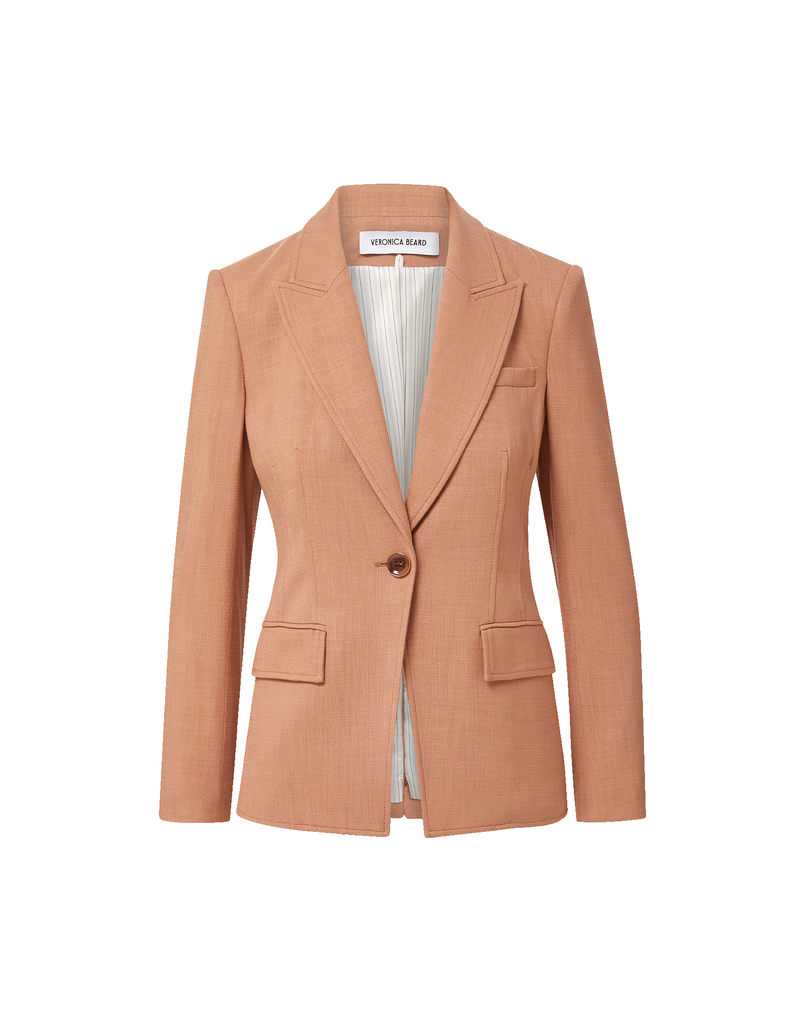 Veronica Beard Tan single-breasted blazer with notched lapels and flap pockets.