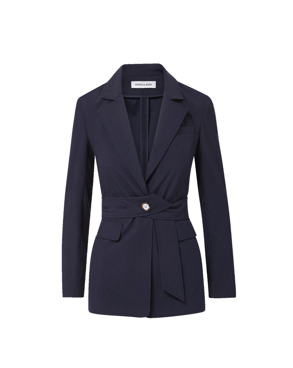 Veronica Beard Navy jacket with belted waist and single button.
