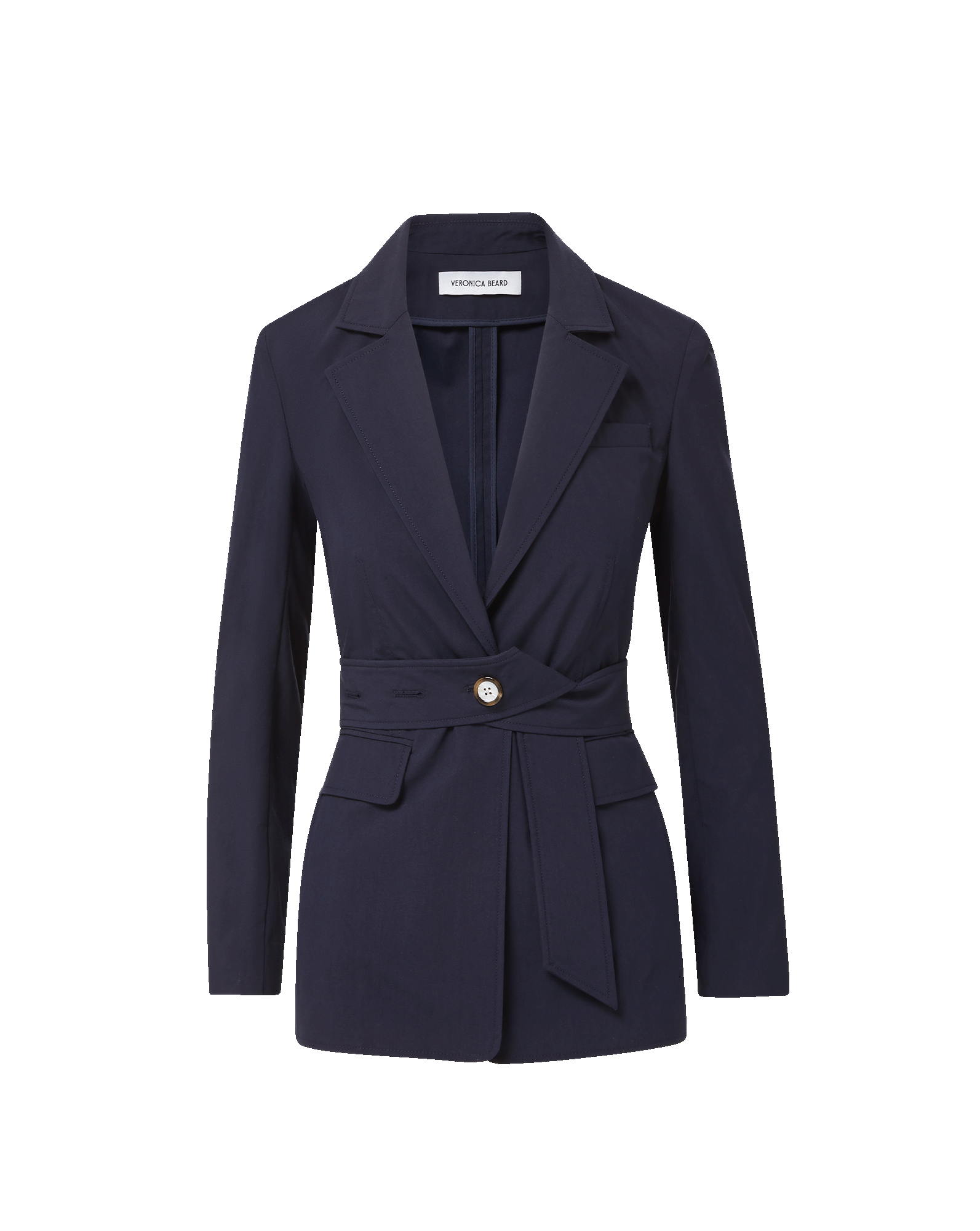 Veronica Beard Navy jacket with belted waist and single button.