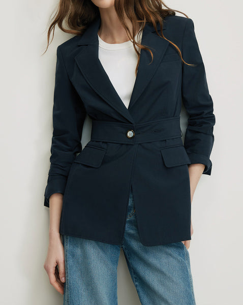 Veronica Beard Navy belted blazer with pearl button.