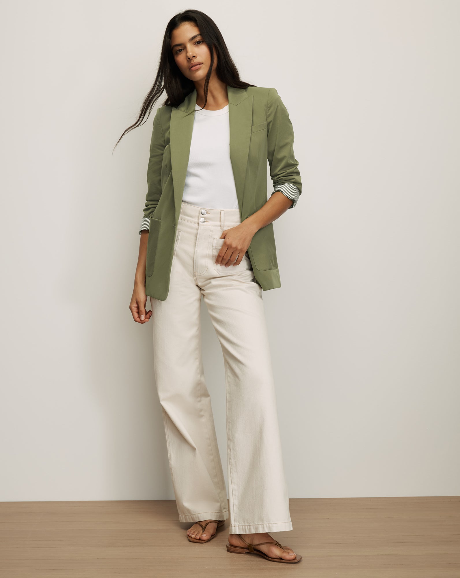 Veronica Beard Olive green linen blazer with striped cuffs.