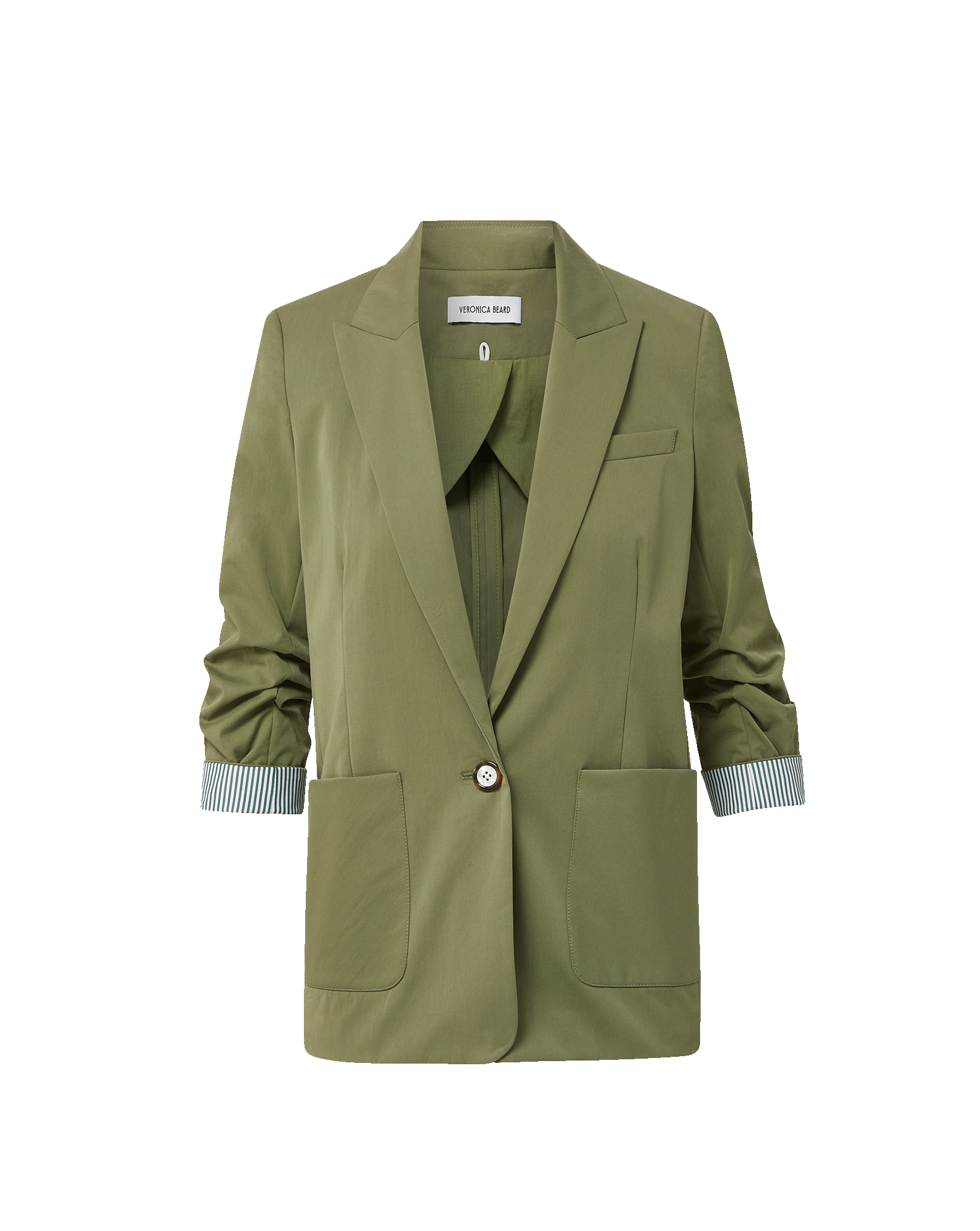 Veronica Beard Olive green jacket with ruched sleeves and patch pockets.