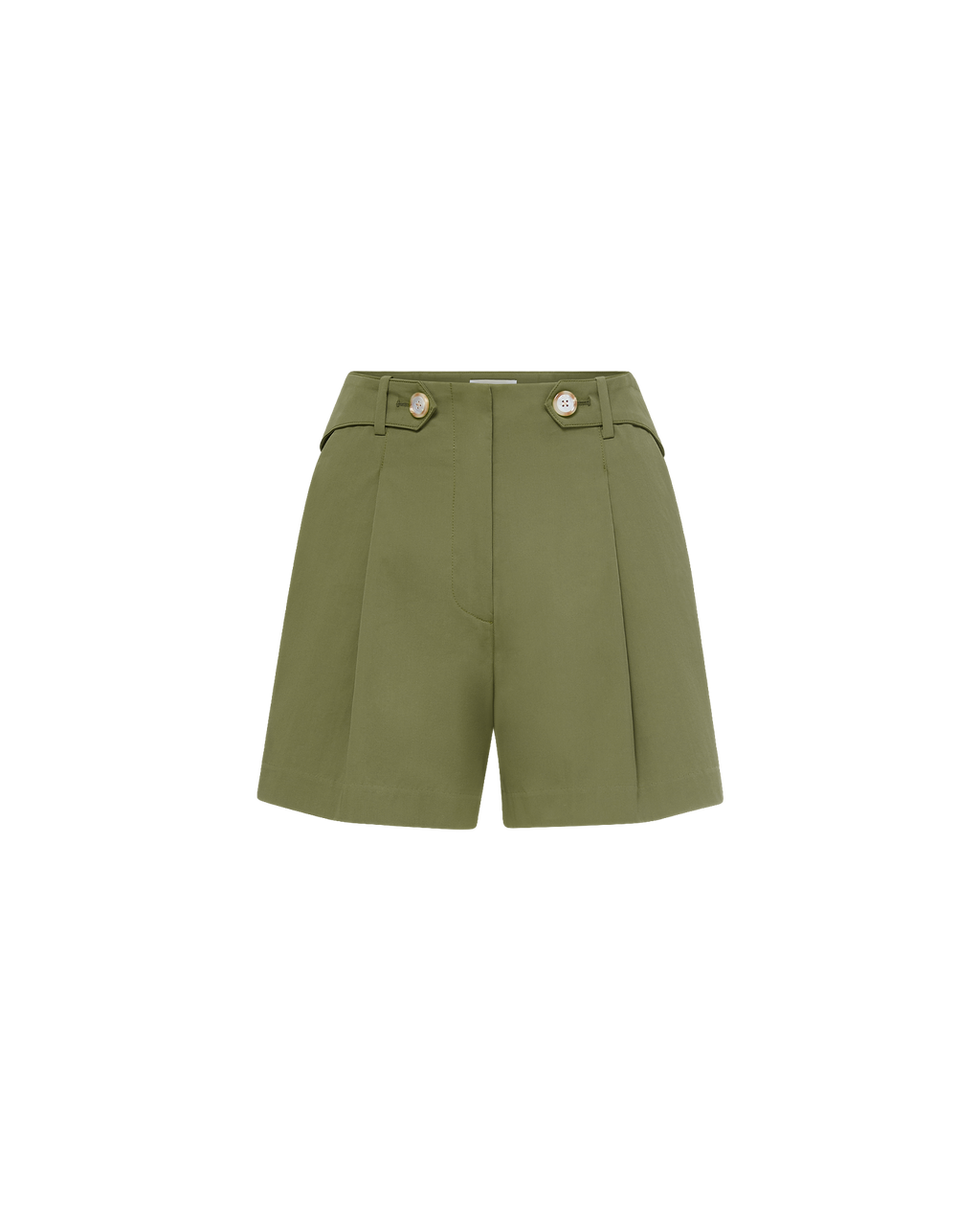Veronica Beard Olive green pleated shorts with gold buttons.