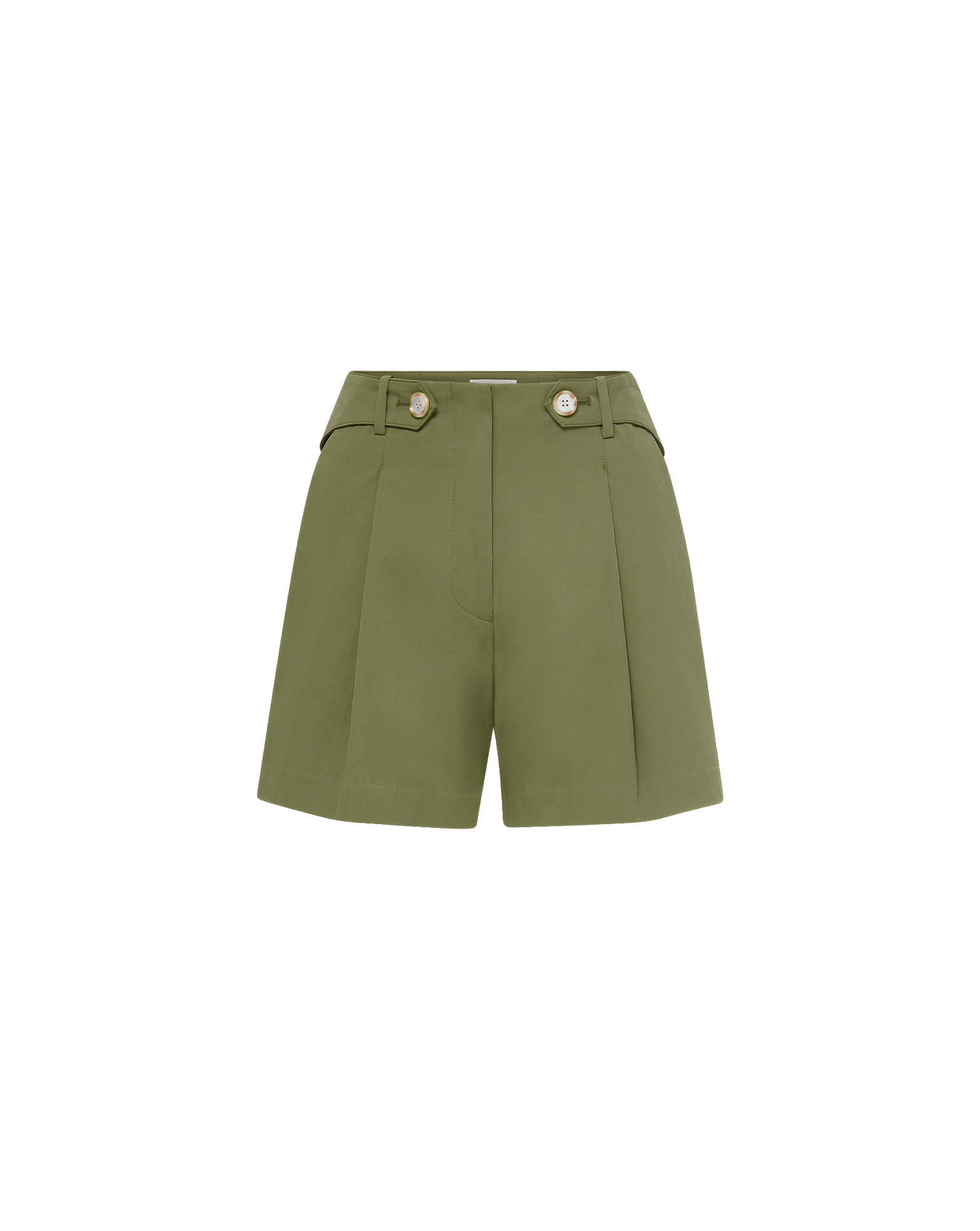 Veronica Beard Olive green pleated shorts with gold buttons.