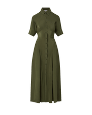 Veronica Beard Olive green midi shirt dress with short sleeves.