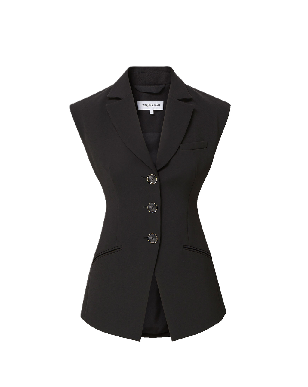 Veronica Beard Black vest, tailored, with two gold buttons and notched lapels.