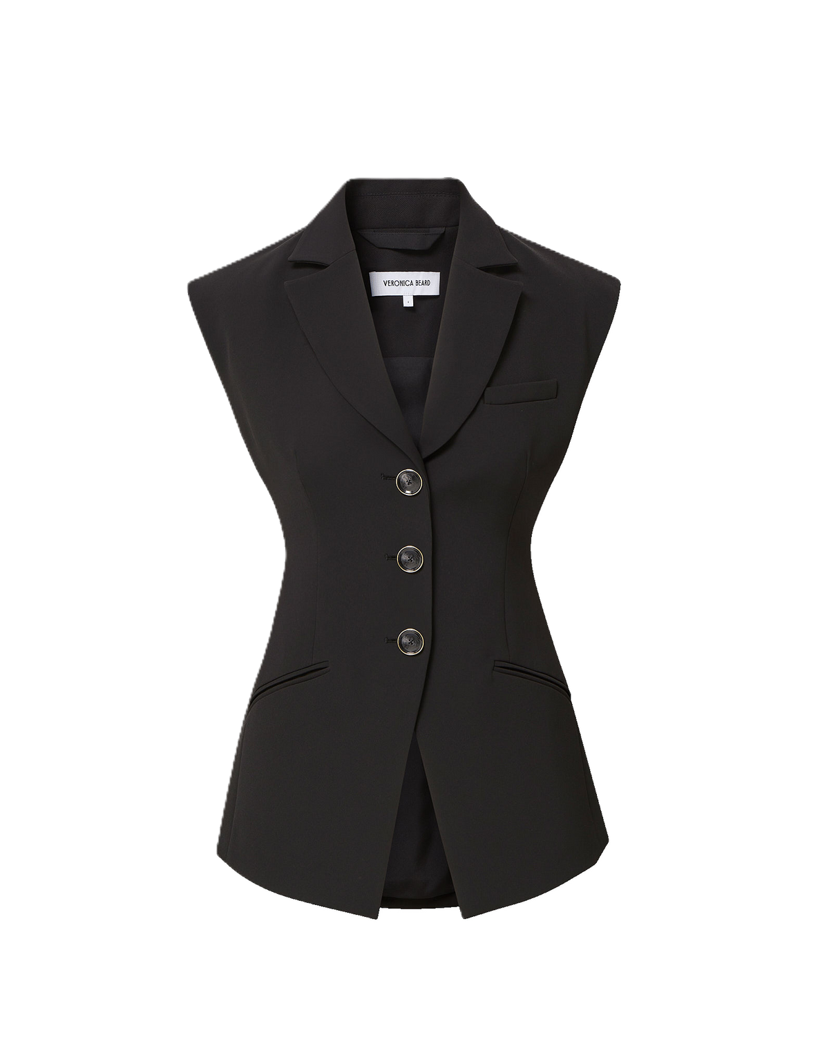 Veronica Beard Black vest, tailored, with two gold buttons and notched lapels.