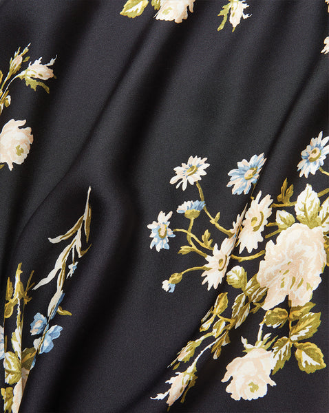 Veronica Beard Black floral print silk fabric with white and blue flowers.