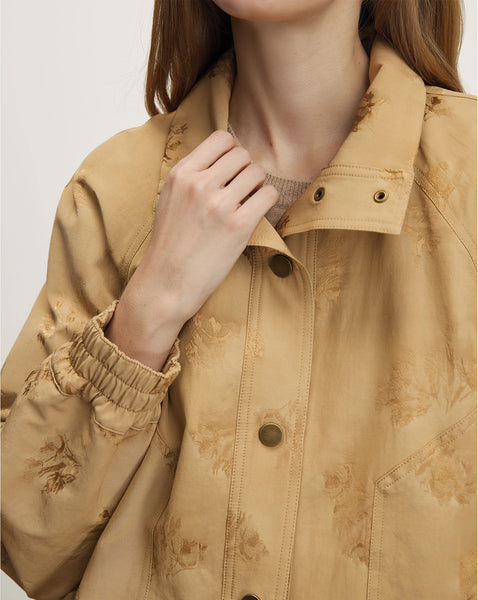 Veronica Beard Tan floral embroidered jacket with elastic cuffs.