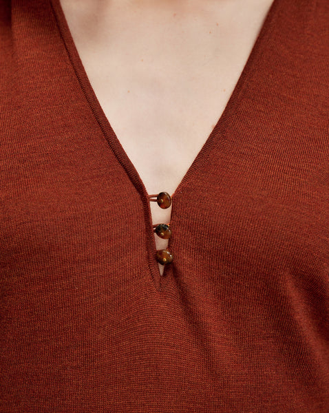 Veronica Beard Brown knit top with V-neck and three buttons.