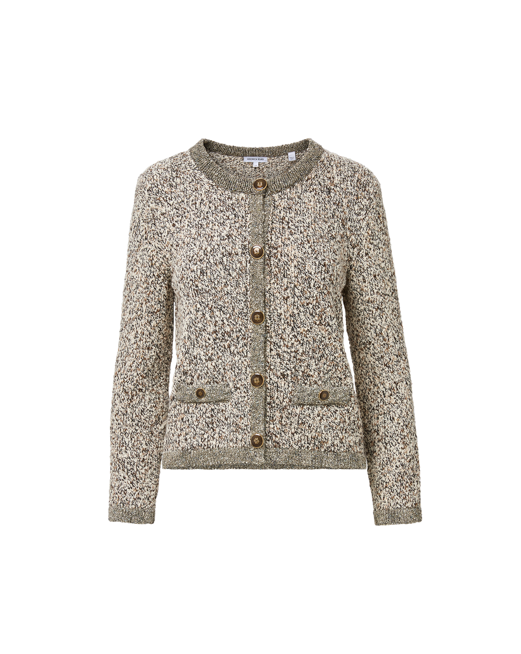 Veronica Beard Mottled knit cardigan with brown buttons and pockets.