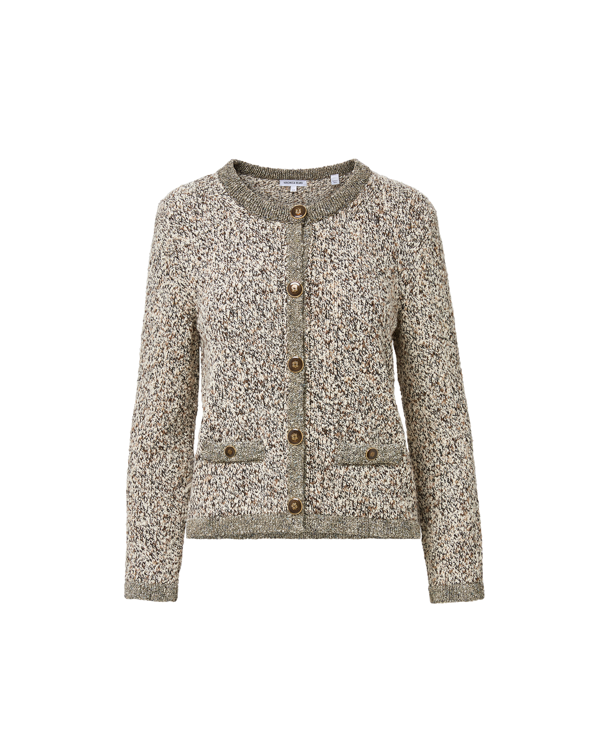 Veronica Beard Mottled knit cardigan with brown buttons and pockets.