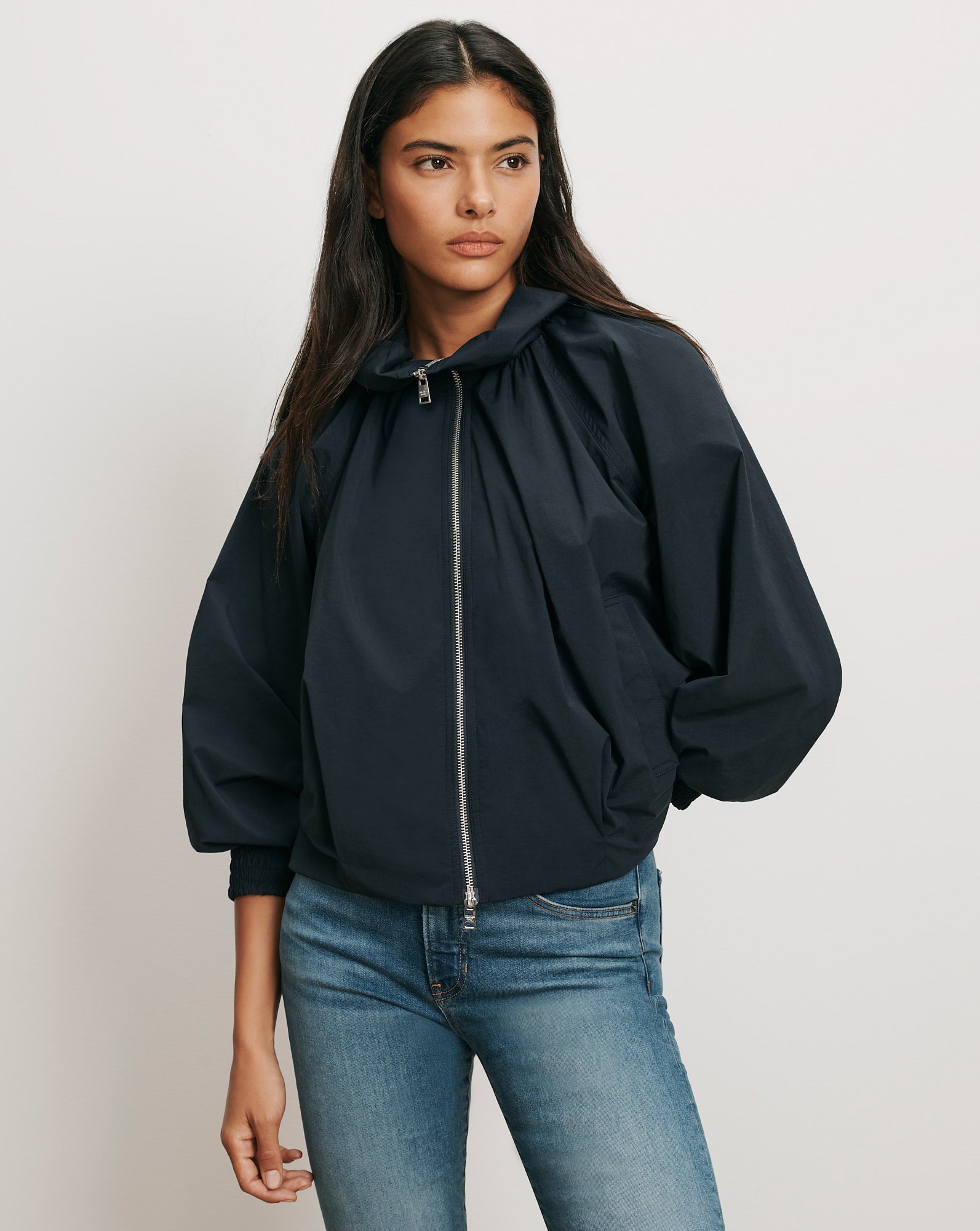 Veronica Beard Navy bomber jacket with voluminous sleeves.