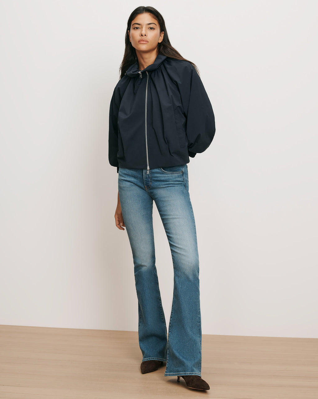 Veronica Beard Navy bomber jacket, relaxed fit, gathered collar, full sleeves.