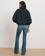 Veronica Beard Navy bomber jacket, high neck, balloon sleeves.