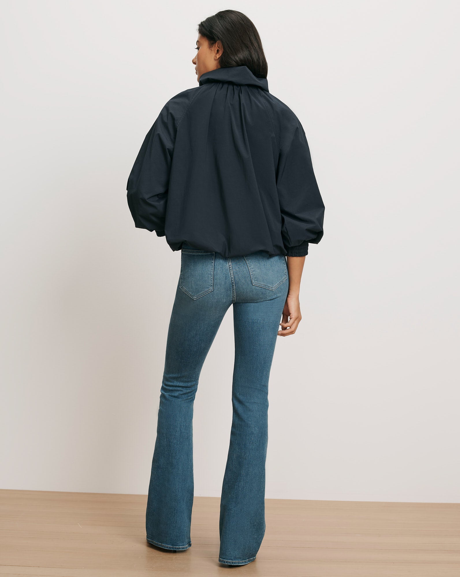 Veronica Beard Navy bomber jacket, high neck, balloon sleeves.