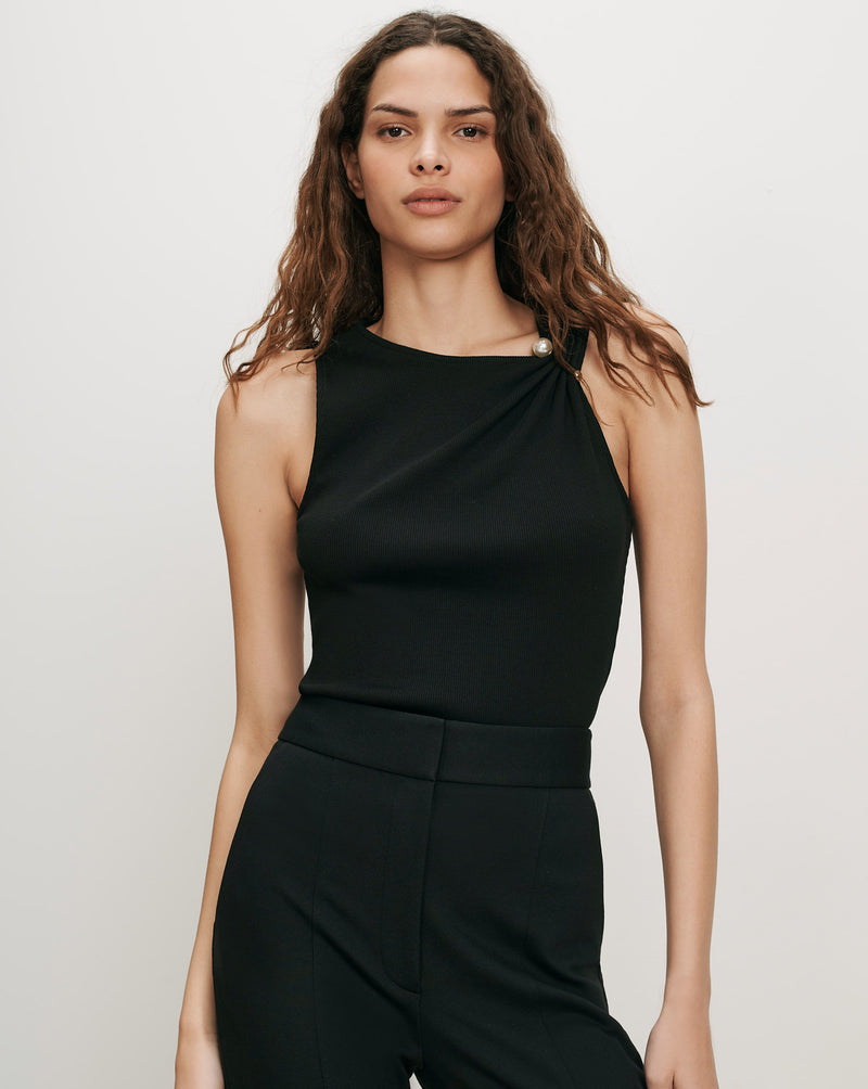 Veronica Beard Black ribbed knit tank top with pearl detail.