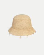 Veronica Beard Straw bucket hat with shell and pearl trim.