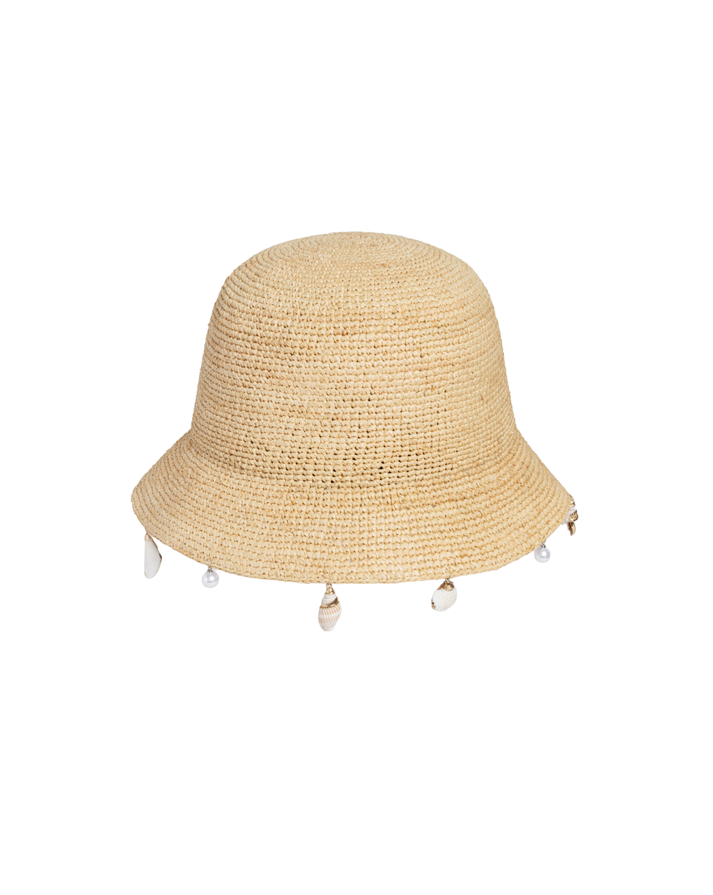 Veronica Beard Straw bucket hat with shell and pearl trim.