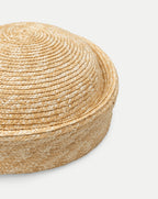 Veronica Beard Straw boater hat, natural, woven, round crown.
