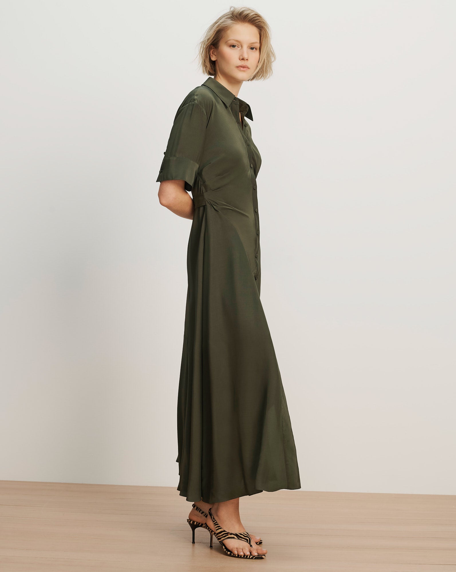 Veronica Beard Olive green midi shirt dress with cuffed sleeves.