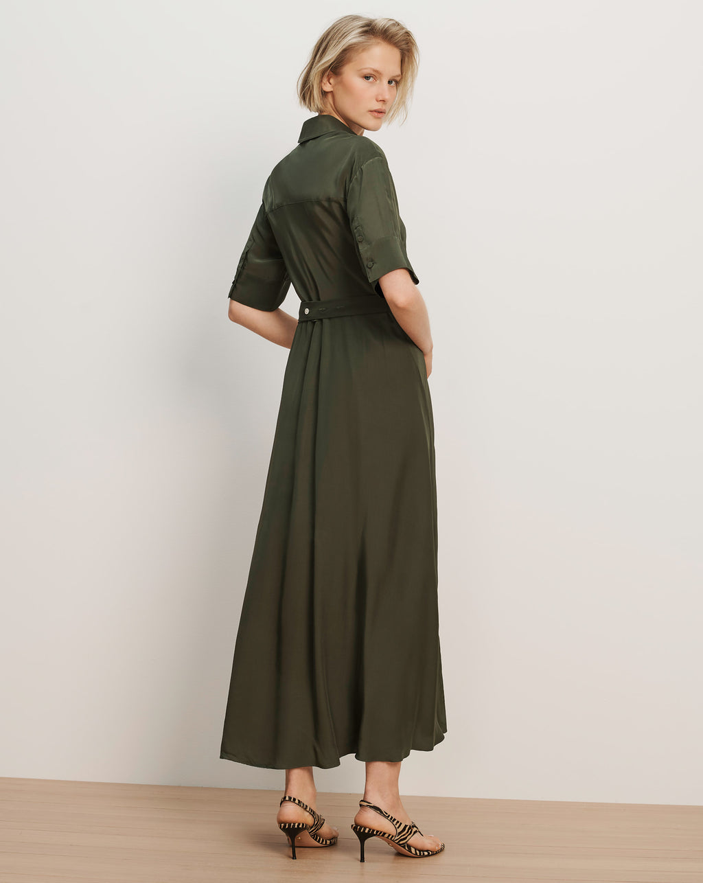 Veronica Beard Olive green midi shirt dress with belted waist.
