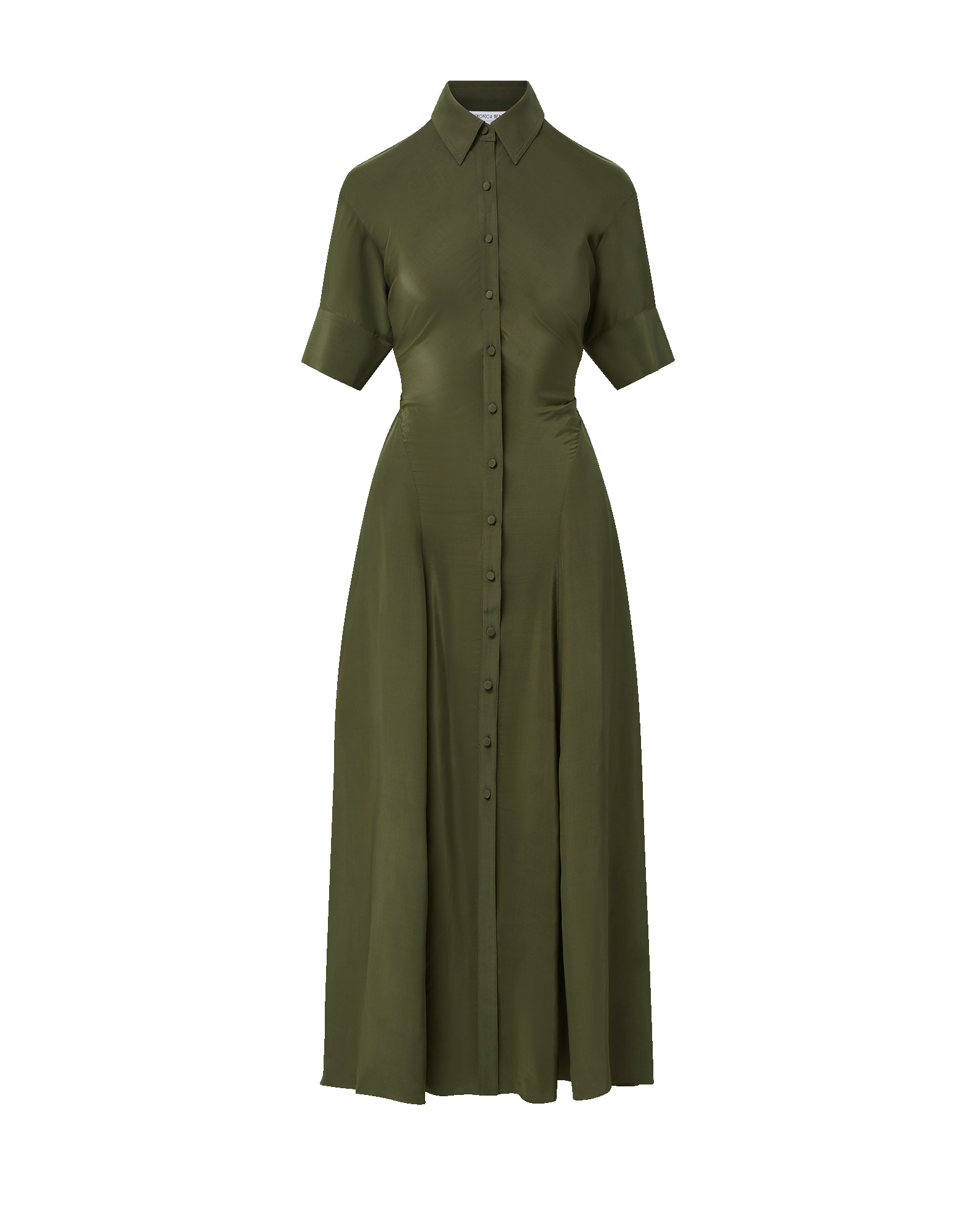 Veronica Beard Olive green midi shirt dress with cuffed sleeves.
