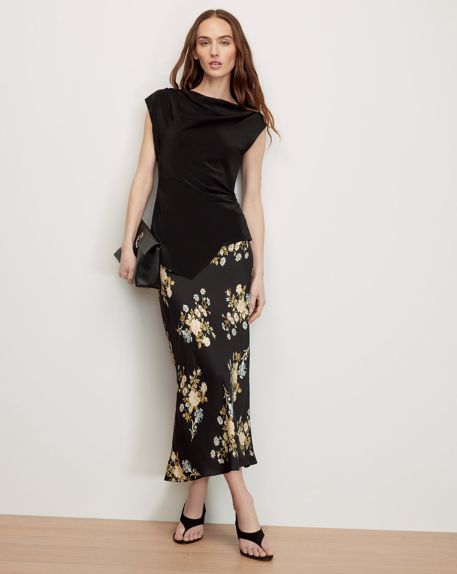 Veronica Beard Black cowl neck top and black floral midi