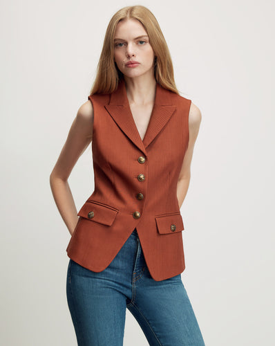Veronica Beard Rust sleeveless vest with gold buttons and flap