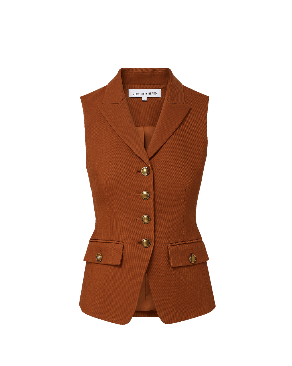 Veronica Beard Rust sleeveless vest with gold buttons and flap
