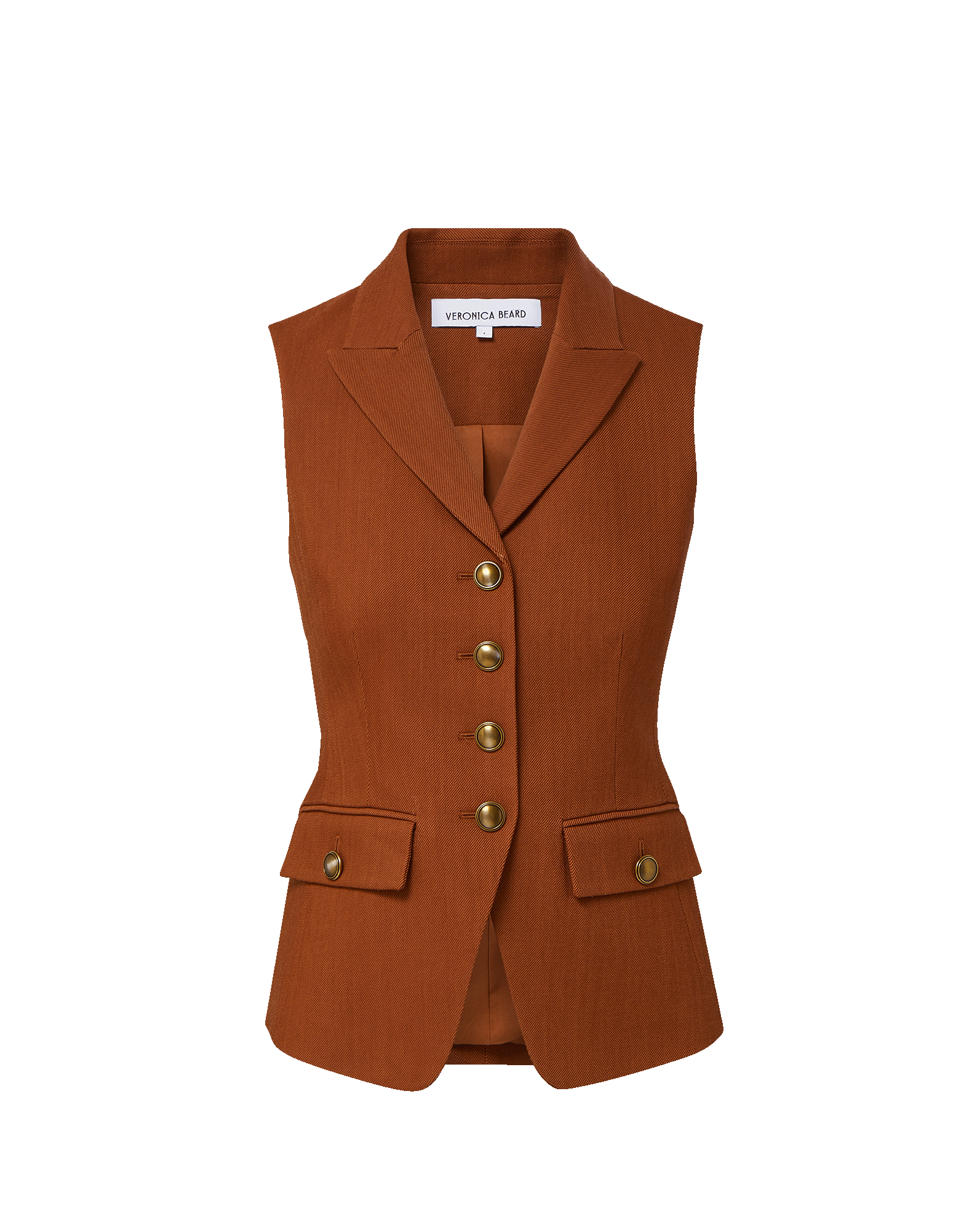 Veronica Beard Rust sleeveless vest with gold buttons and flap
