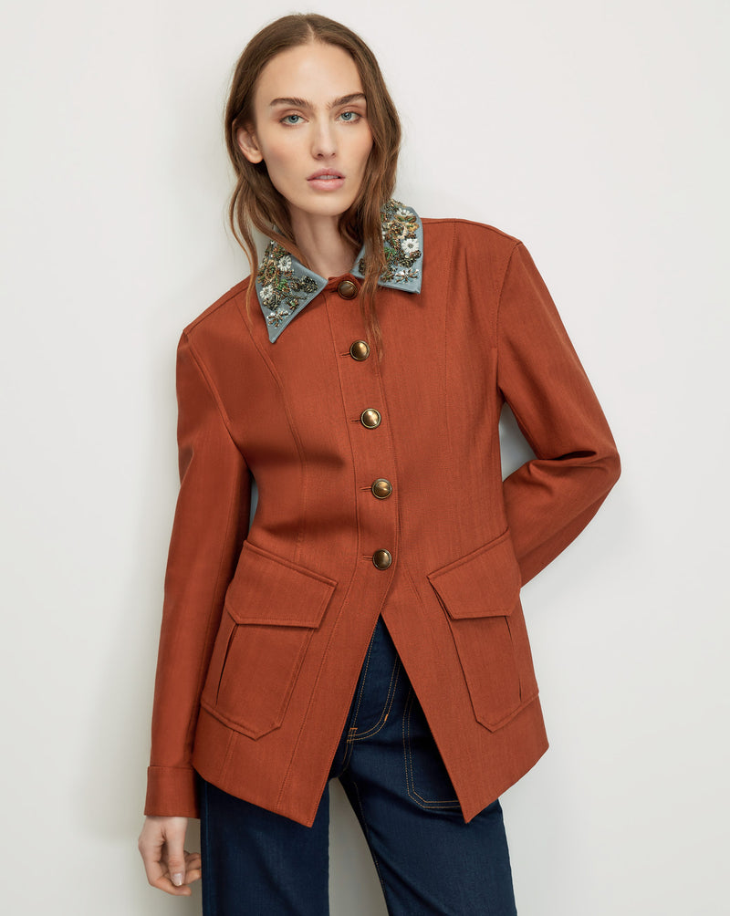 Veronica Beard Brown blazer with embroidered collar and gold buttons.