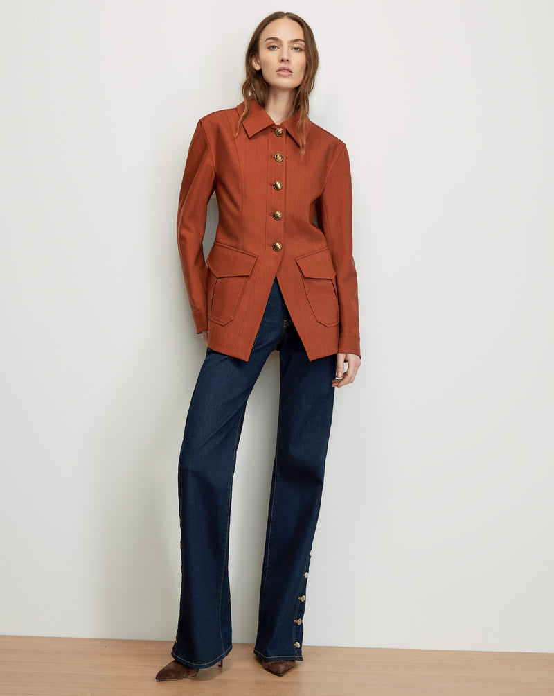 Veronica Beard Rust linen blazer with gold buttons and flap