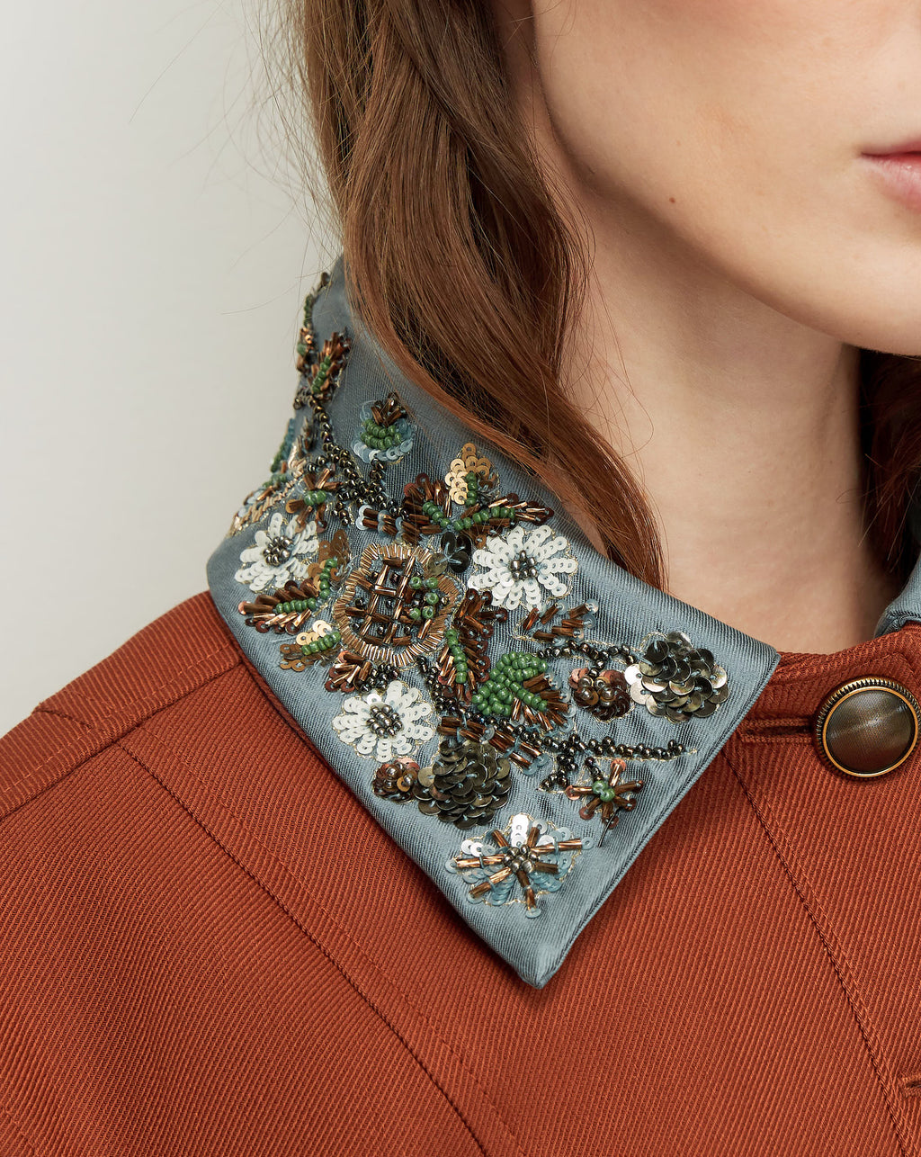 Veronica Beard Brown jacket with blue collar, embroidered with beads