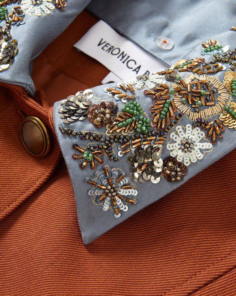 Veronica Beard Rust linen blazer with notched lapels and dark