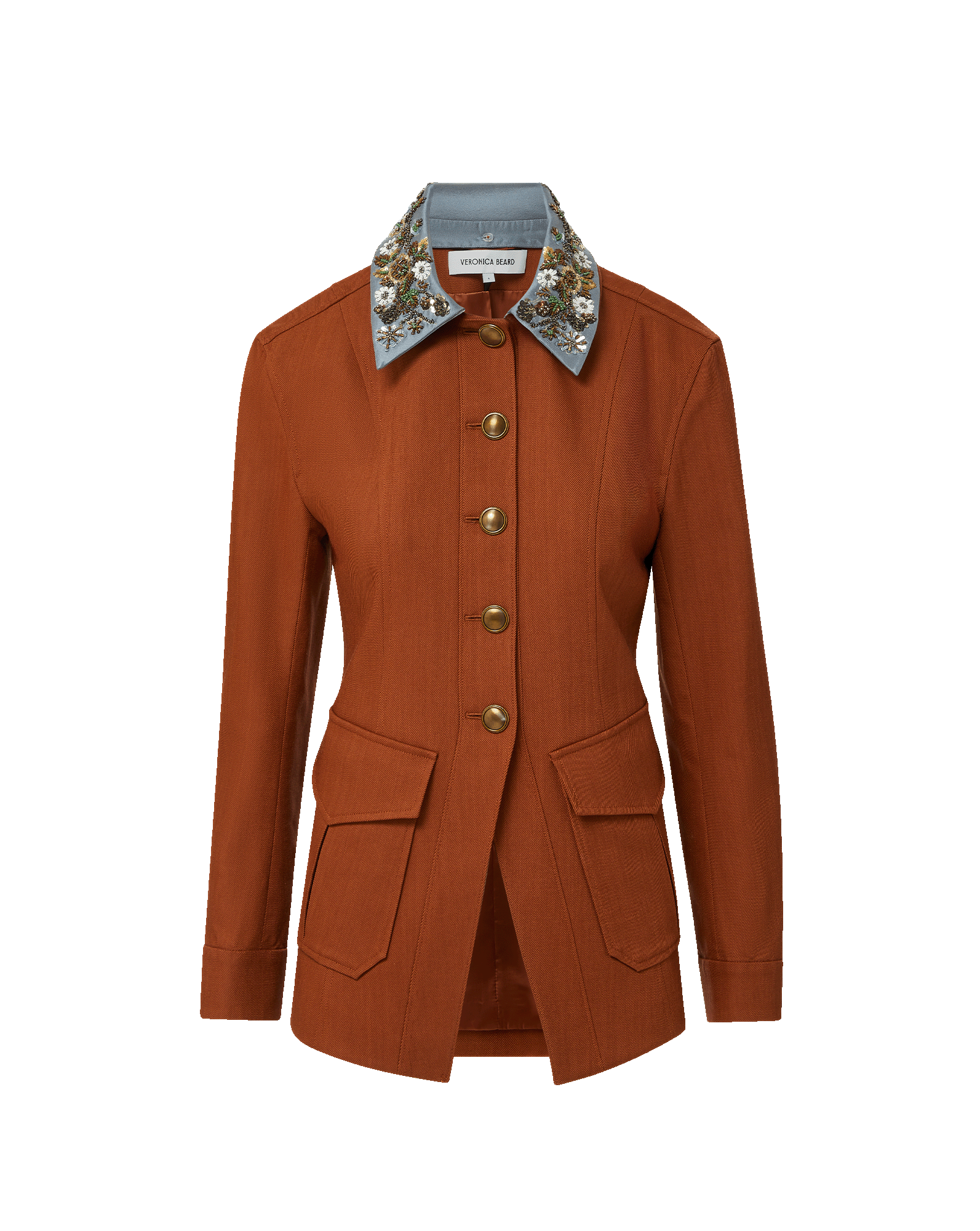 Veronica Beard Rust linen blazer with notched lapels and dark