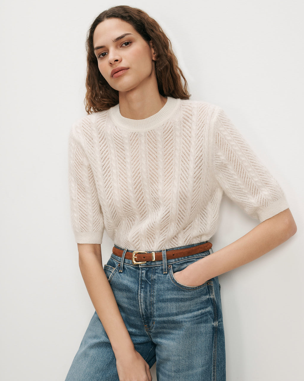 Veronica Beard White knit short-sleeve sweater with cable and openwork patterns.