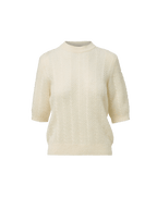 Veronica Beard Cream knit sweater with short sleeves and mock neck.