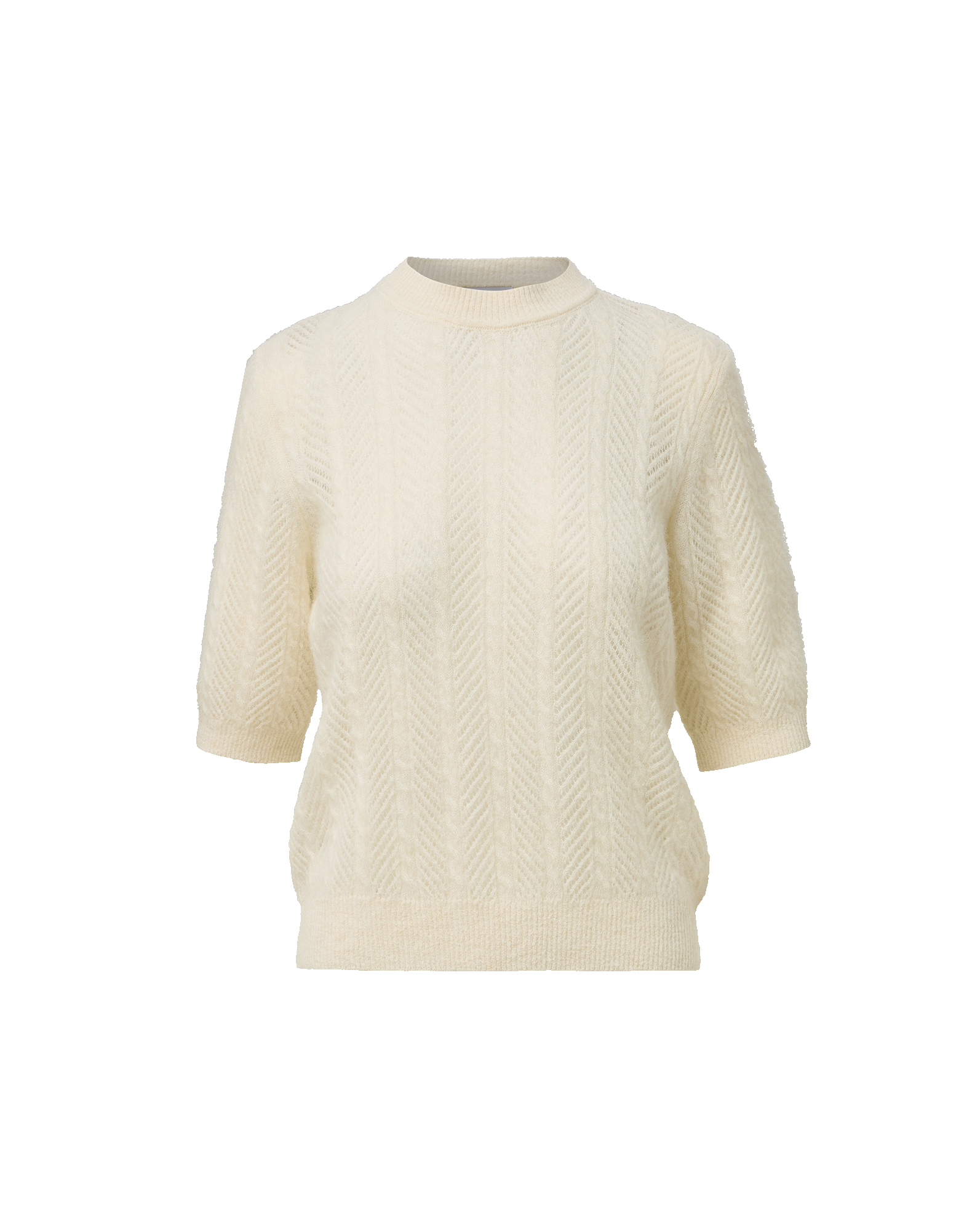 Veronica Beard Cream knit sweater with short sleeves and mock neck.