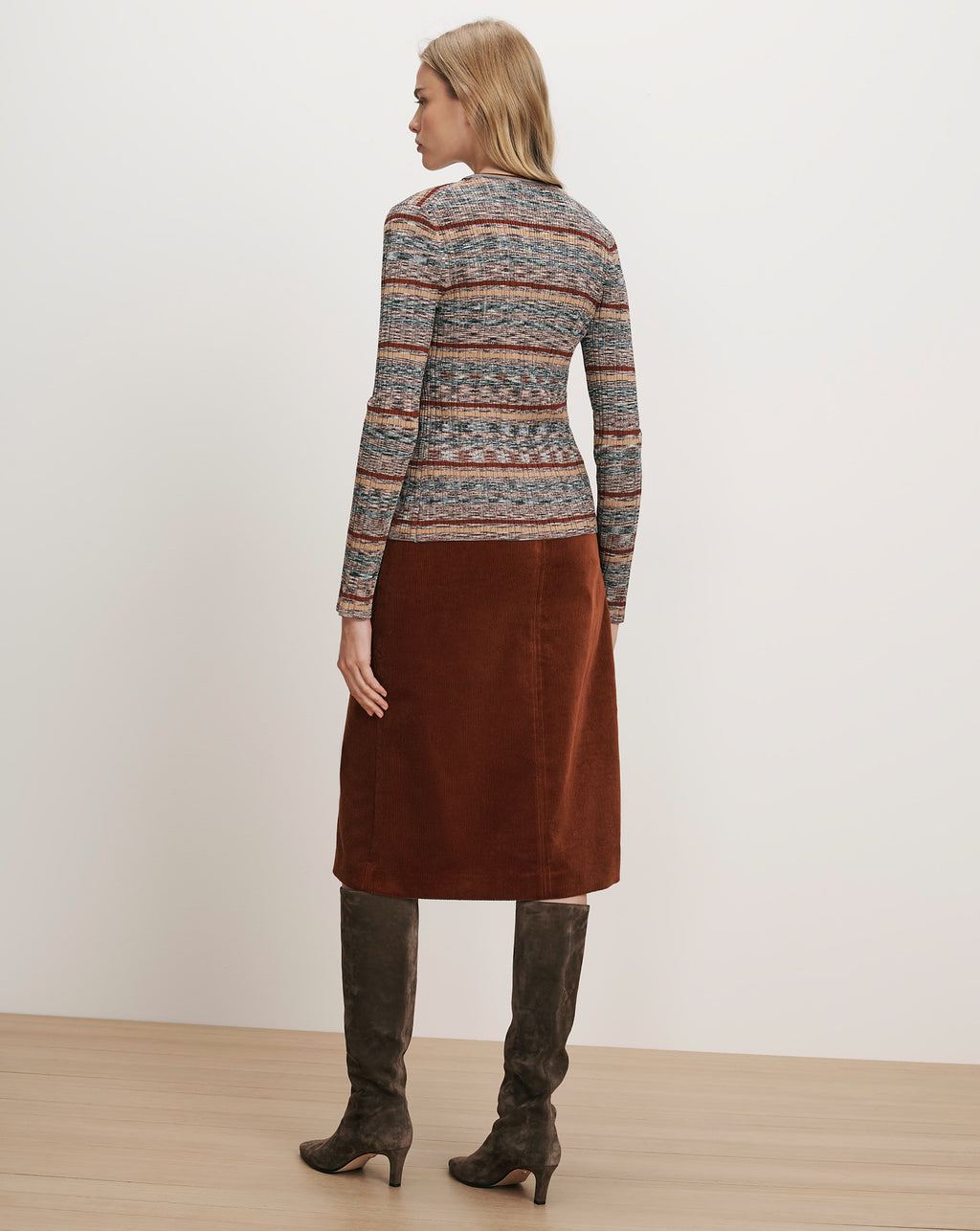 Veronica Beard Striped knit top and brown corduroy skirt.