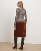 Veronica Beard Striped knit top and brown corduroy skirt.
